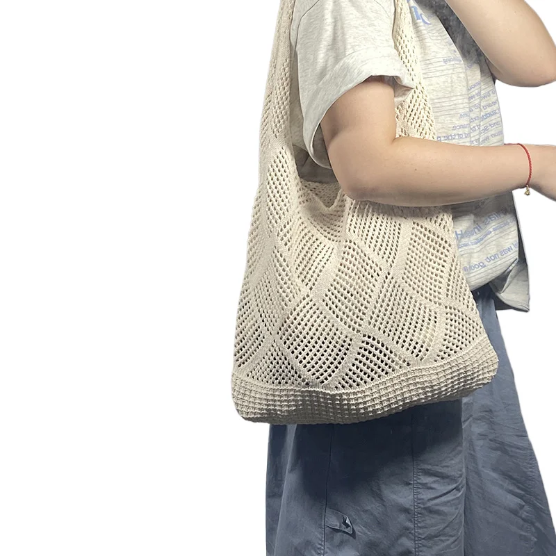 

2025 New Crochet Cotton Women's Handbag Holiday Bohemian Shoulder Bag Lightweight Large Capacity Woven Tote Bag