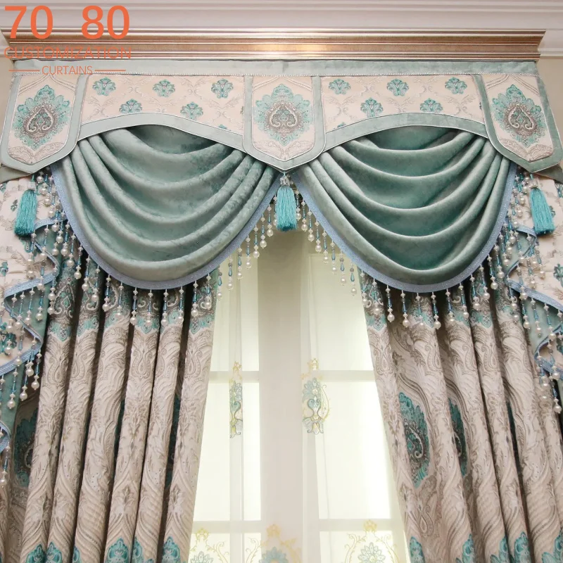 European Customized Beige Blue Jacquard Thickened Blackout Curtains for Living Room Bedroom French Window Balcony Villa