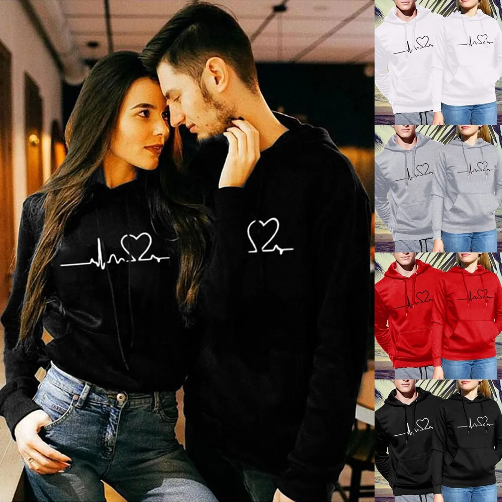 Valentine'S Day Men'S And Women'S Heart Print Hoodies Lovers Loose Pullover Hooded Sweatshirt Tops Solid Color Shirts Female