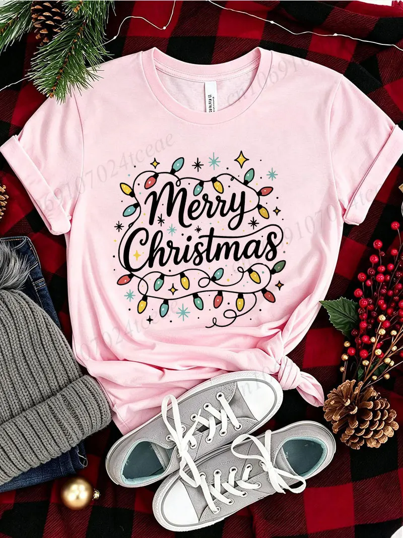 Women Merry Christmas T Shirt Christmas Lights Snowflake Graphic Tee Xmas Holiday Casual Short Sleeve Unisex T-shirt Gifts