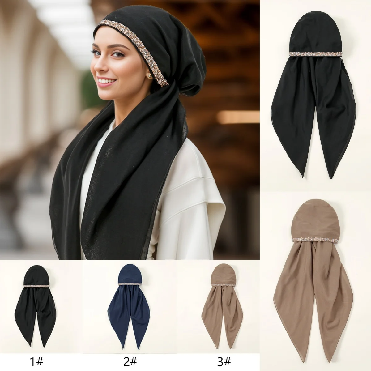 

Shiny Rhinestone Instant Hijab Scarf for Women Muslim Turban Thin Breathable Polyster Headband Luxury Elastic Sleep Cap Wraps