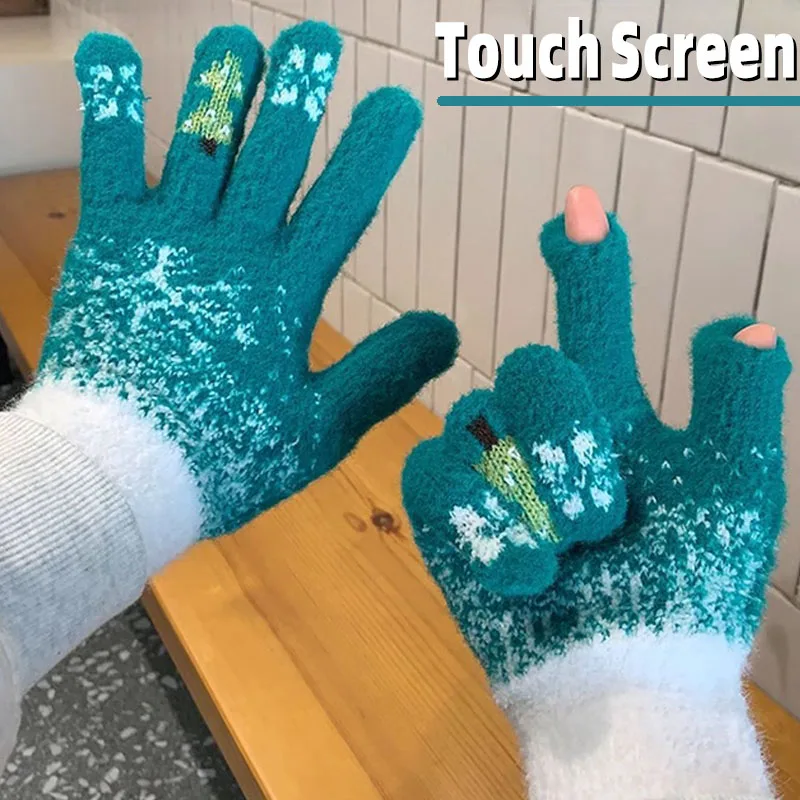 Winter Thick Cashmere Gloves Christmas Tree Knit Warm Mittens Full Finger Skiing Gloves Touchscreen Two Layer Plush Xmas Gloves