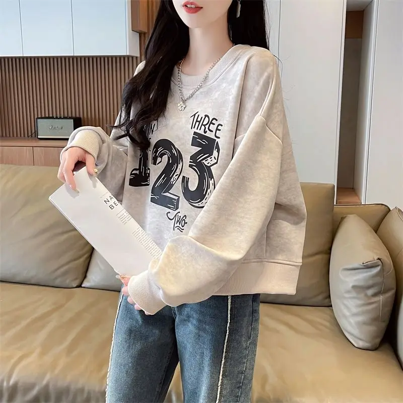 Spring Autumn Women\'s Clothing Letter Printing Round Neck Pullover Lantern Long Sleeve Casual Loose All-match Office Lady Tops