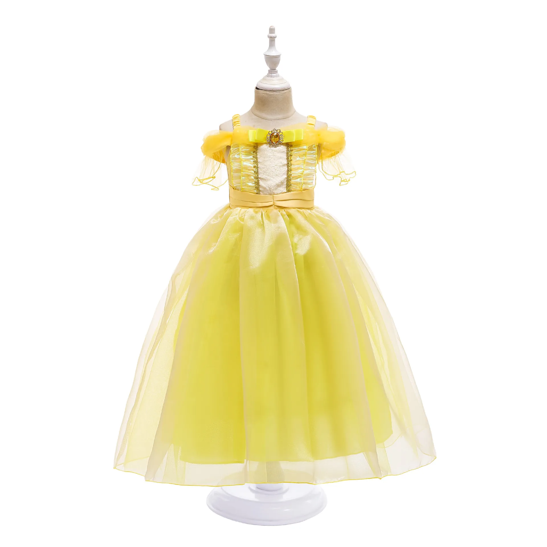 Belle Princess Dress For Kids Carnival Yellow Off Shoulder Fluffy Lace Tulle Frocks 2-10 Yrs Girl Birthday Surprise Gift