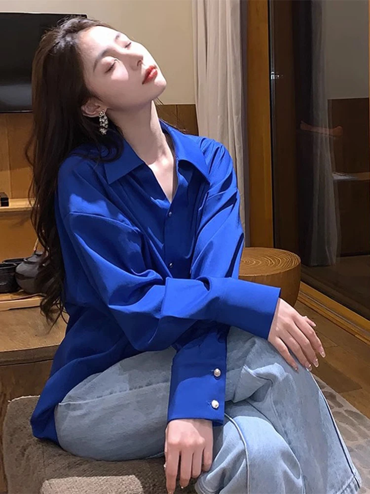 

Blue Shirt Women's New Style Spring Autumn Casual Long Sleeve Top Inner Wear Base Layer Shirt Coat Winter Collar Button up