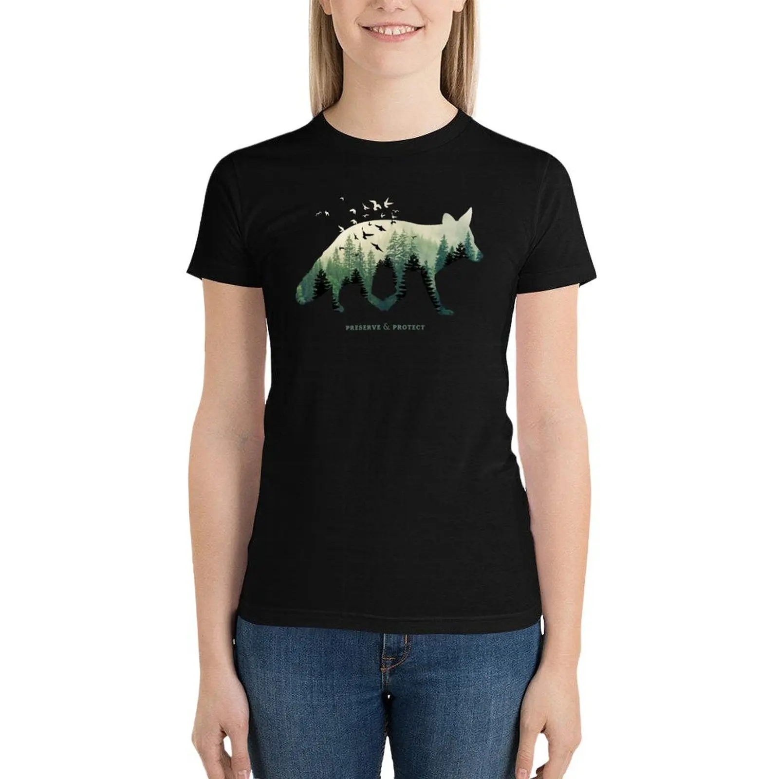 Preserve & Protect Nature Double Exposure Fox Silhouette Trees Forest Save the Environment Climate Change Wilderness Hik T-Shirt