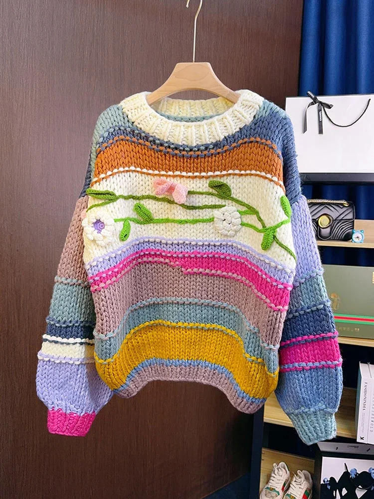 Handmade Striped Vintage Floral Sweater Long Sleeved 3D Flower Knitted Jumper Chunky Wool Blended Rainbow Color Women Pullovers