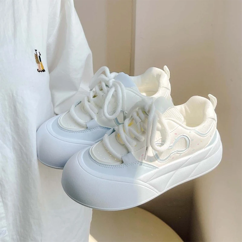 Women's 2026 Autumn New Thin White Shoes Mesh Breathable Fashion Versatile Sneakers Thick Sole Cute Sweet Student Bread Shoes