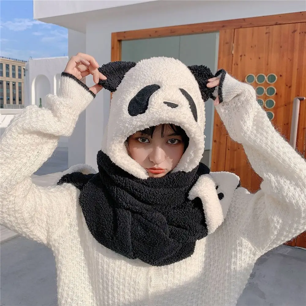 2023 Fashion Panda Beanies Caps Winter Warm Hat Casual Plush Hat Scarf Gloves Set Casual Faux Fur Women Caps