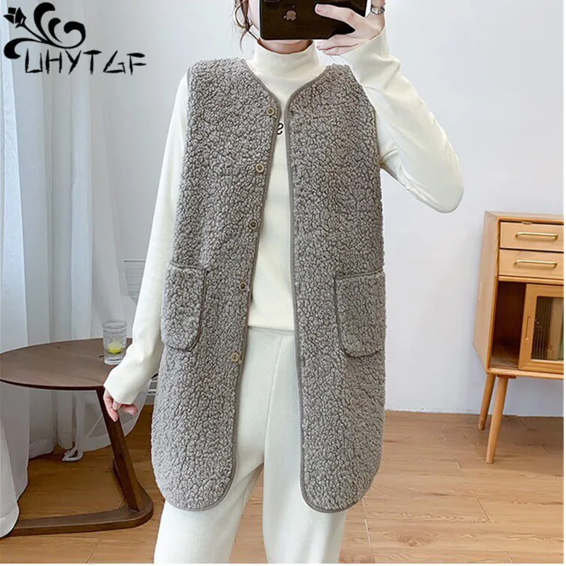 

UHYTGF Sleeveless Coat Womens Mid-Length Imitation Lamb Wool Waistcoat Jacket Female Korean Loose Autumn Winter Vest Ladies 2456