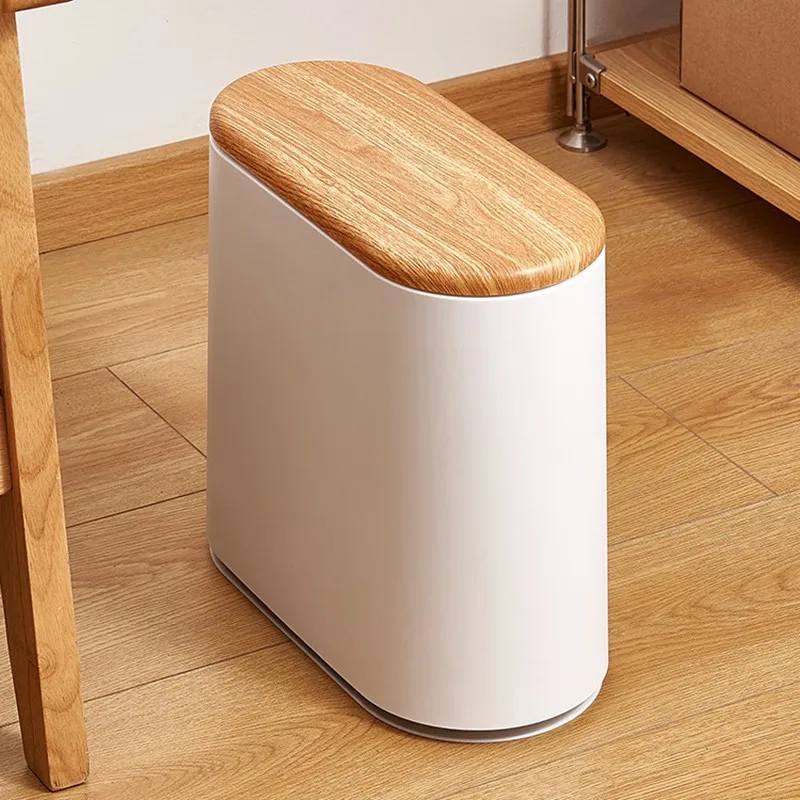 

Imitation Wood Grain Trash Can Bin With Lid Double-Layer Sewn Household Living Room ABS+PP Chinese Style High-Grade Commercial