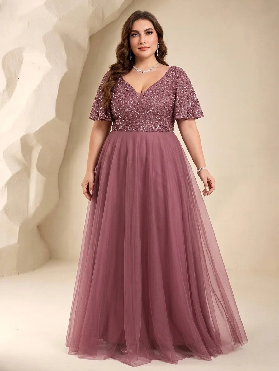 2026-xucthhc-new-plus-size-v-neck-a-line-short-sleeve-formal-party-dress-sequin-patchwork-tulle-wedding-celebration-mommy-dress
