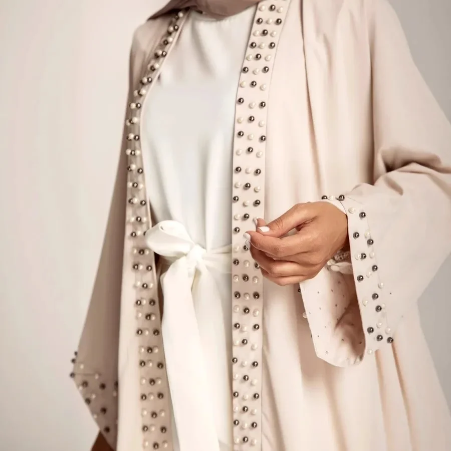 Elegance Solid Color Beaded Muslim Arab Turkey Middle East Fashion Lace-Up Cardigan Robe Women Abaya