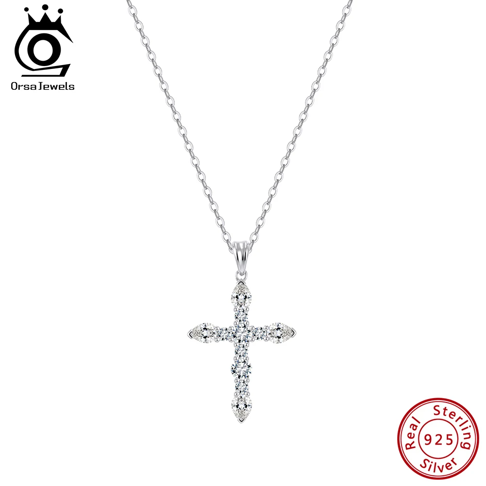 ORSA JEWELS Exquisite 925 Sterling Silver D Color Moissanite Cross Pendant Necklace for Women Dainty Wedding Jewelry MON16