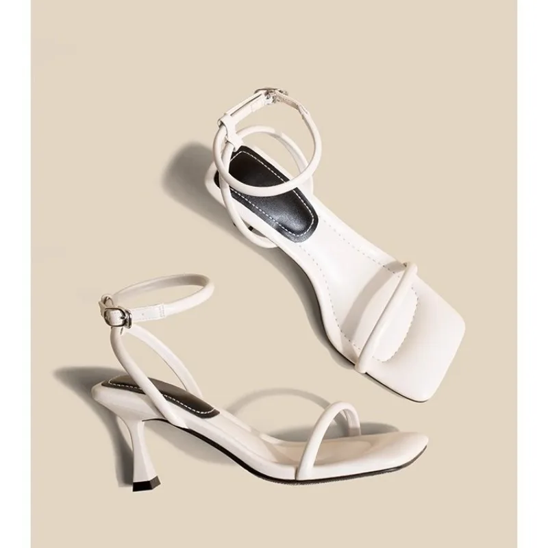 BIGTREE 2024 new white French high heels stiletto square toe word with shit feeling sandals women's summer