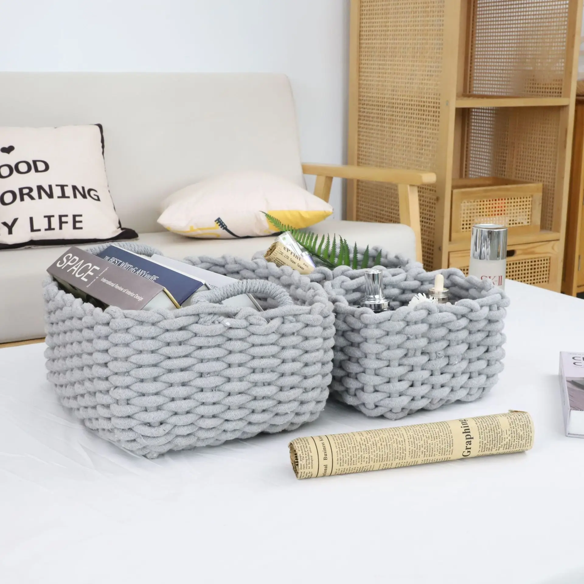 

Storage basket, cotton rope woven basket, large-capacity desktop cosmetic storage basket, washable storage basket in stock