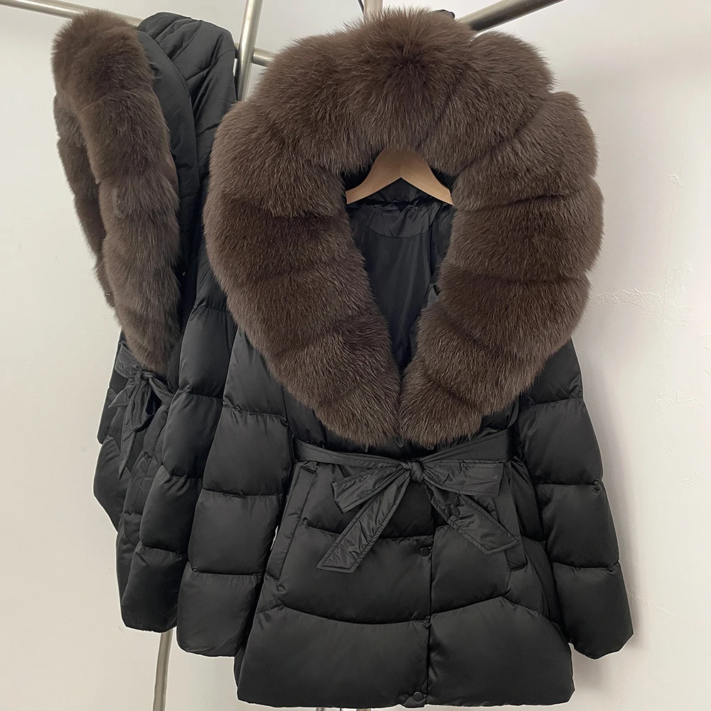 Piumino da donna con cappuccio 90% piumino d'anatra moda lusso grande pelliccia di volpe argento naturale spesso caldo Parka femminile 2025 inverno impermeabile