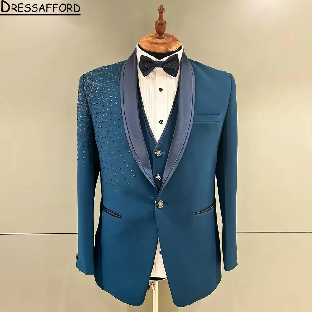 Blu 3 pezzi smoking da sposa sposo abiti formali in cristallo da uomo set di Blazer da ballo nero su misura moda maschile