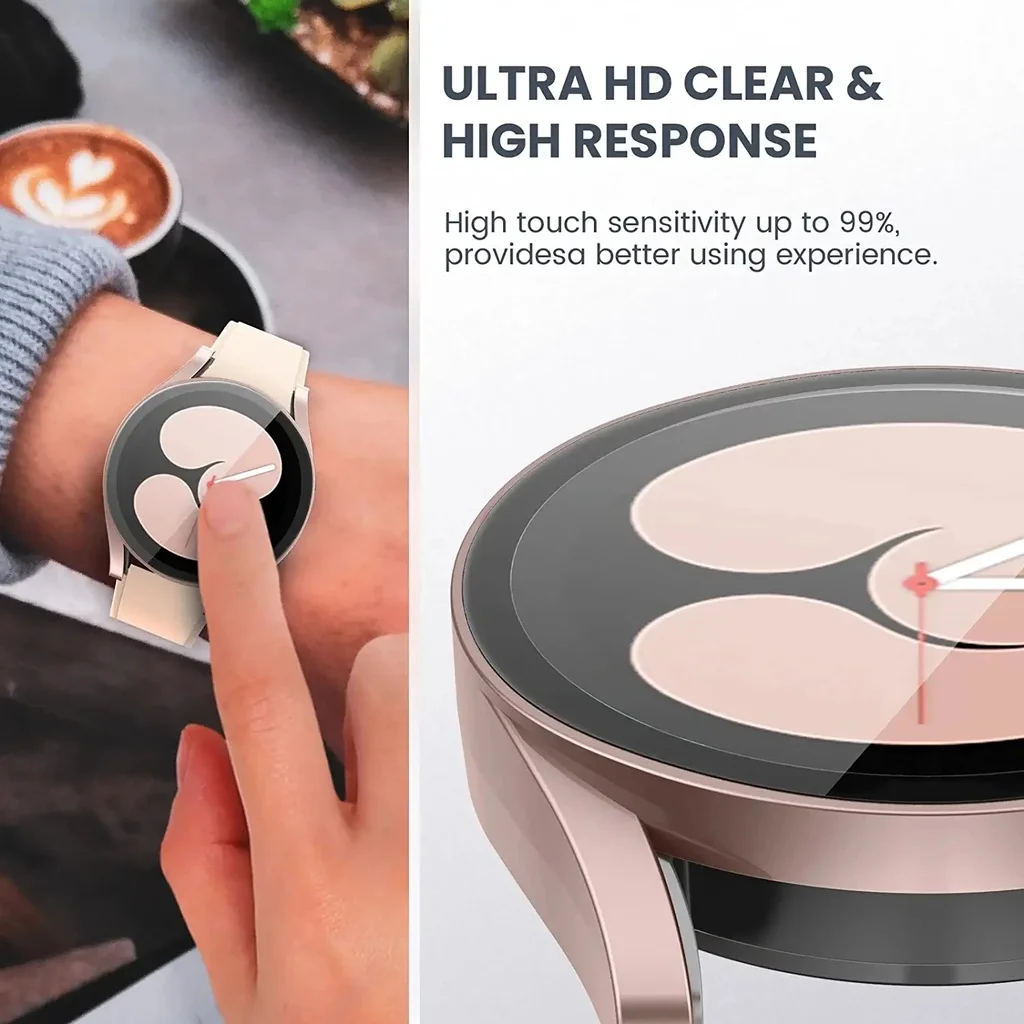 Hülle für Samsung Galaxy Watch 4 5 40 mm 44 mm, harter PC-Rahmen, Stoßstangenabdeckung + HD Slim, gehärtetes Glas, kratzfester Displayschutz