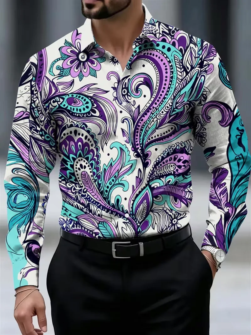 New men's retro paisley long sleeved shirt with purple, blue, and blue cashew flower print collar shirt