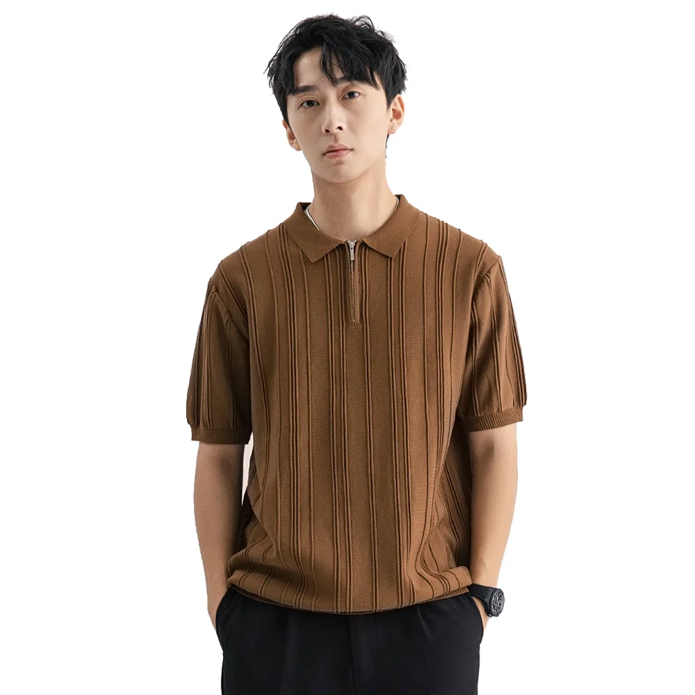 

Zipper Knitted Polo Shirt Men Vintage Commuter Business Casual Slim Fit Knitted Short Sleeve T-Shirt Man Summer T Shirts