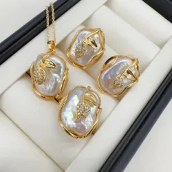 Conjuntos de joyería de perlas barrocas grandes para mujer, collar de perlas de agua dulce Natural chapado en oro de 18K, pendientes, anillos, regalo, novedad