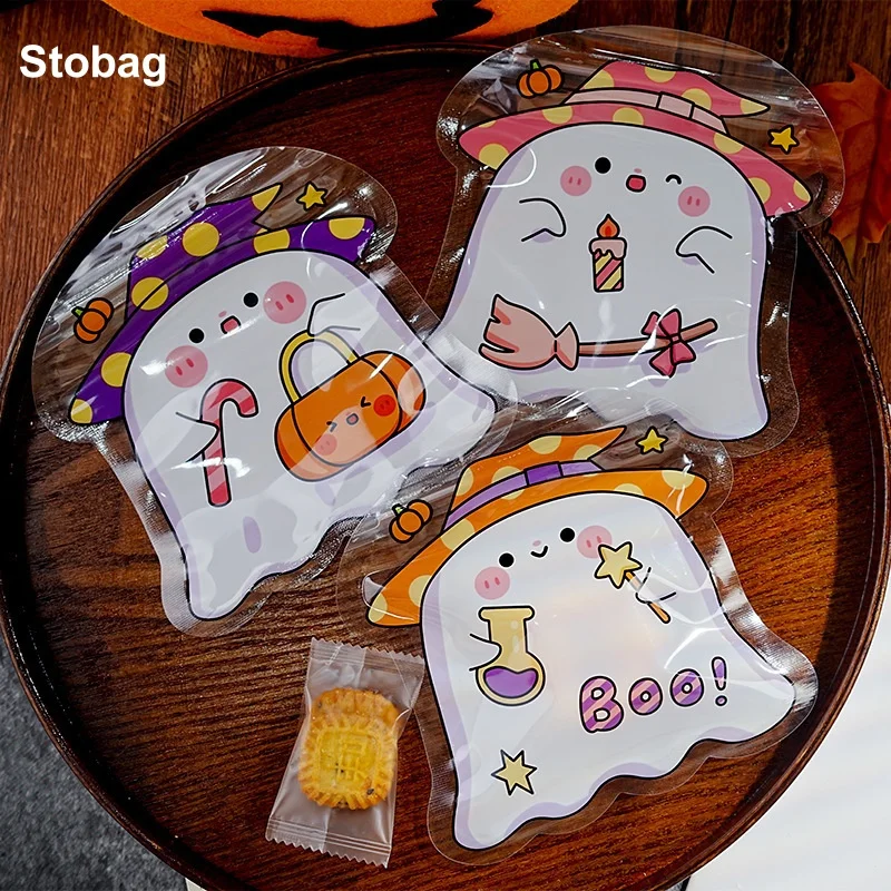 

StoBag 100pcs Happy Halloween Cartoon Candy Packaging Ziplock Bags Kids Cute Plastic Sealed Food Cookies Snack Storage Pouch