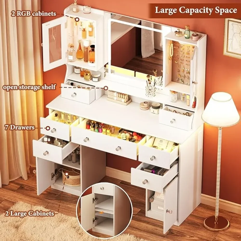 Vanity Desk with Led Mirror and RGB Lights 42" Makeup Vanity Desk with Power Outlet 3 Colors Lighting Adjustable Brightness image 3