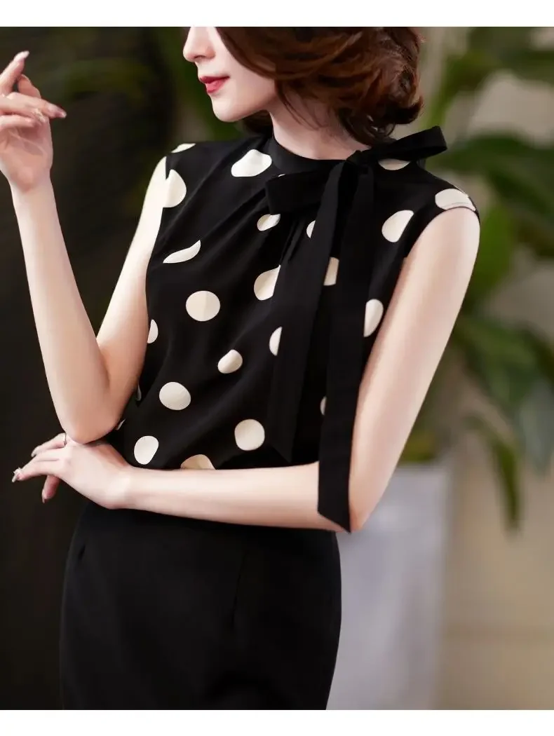 Black Polka Dot Vest Tops Ladies Summer New Sleeveless Bow Loose Shirts Temperament Elegant Women Clothing V1439