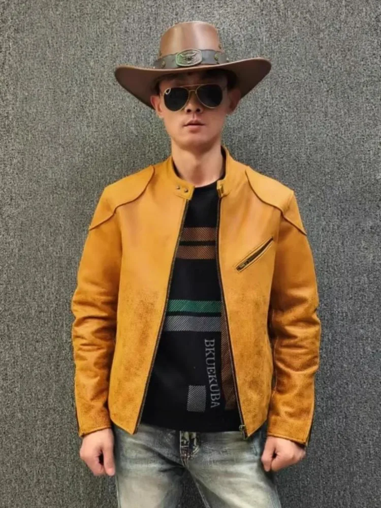 Autumn Mens Stand Collar Zipper Cowhide Genuine Leather Jacket Slim Fit Windproof Motorcycle Riding Coat Work Leather Jacket 5XL