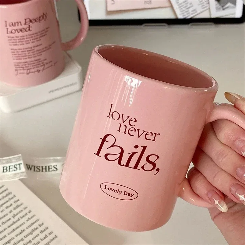 【Premium】AhunderJiaz Pink Simple Alphabet Mug Large Capacity Ceramic Coffee Mugs Coffee Milk Breakfast Mug Kitchen Drinkware Set