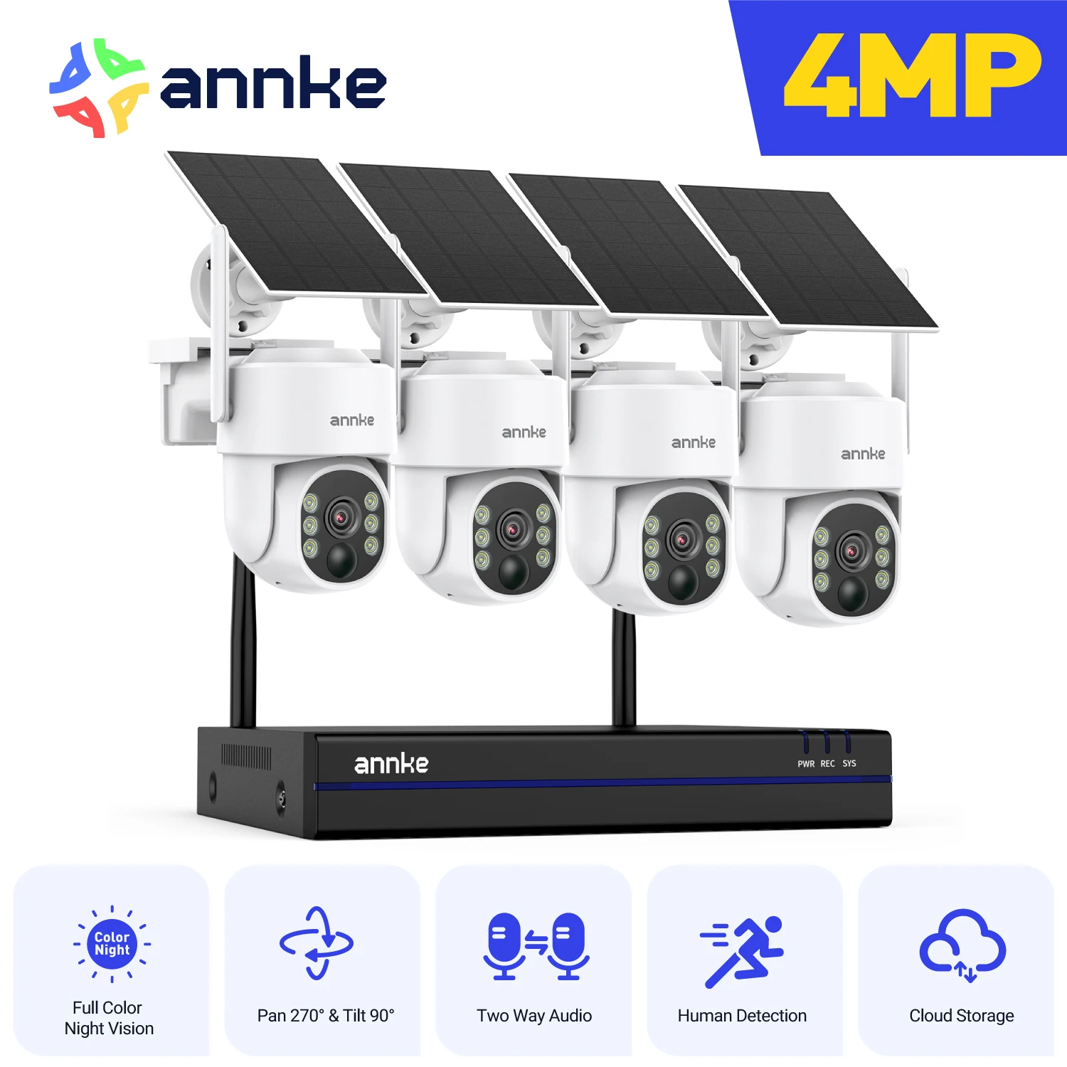 Kit de système de sécurité ANNKE 16CH NVR 4MP WiFi avec caméra IP solaire, vision nocturne, détection humaine, audio bidirectionnel, ensemble de caméras CCTV