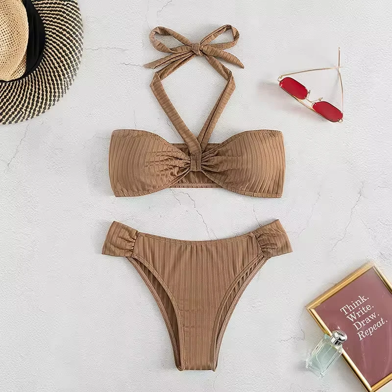 

Halter Wrinkled Bandeau Bikini Female Swimsuit Women Swimwear Two-pieces Bikini Set High Cut Bather Bathing Suit Swim
