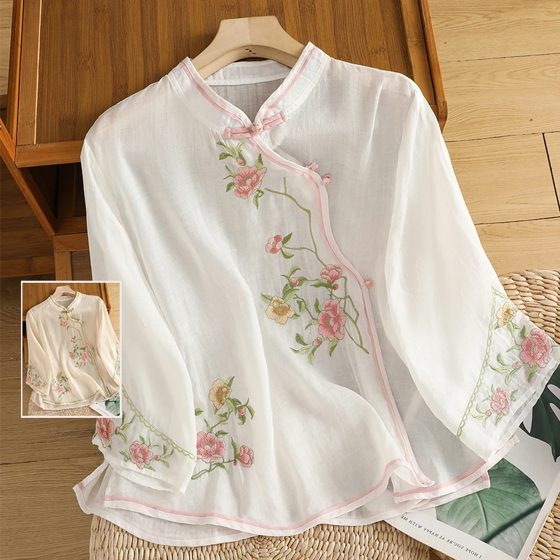 

Свободный крой, вышитый хлопок и лен, большой размер, женский модный повседневный летний топ, винтажный клетчатый чайный керамо...