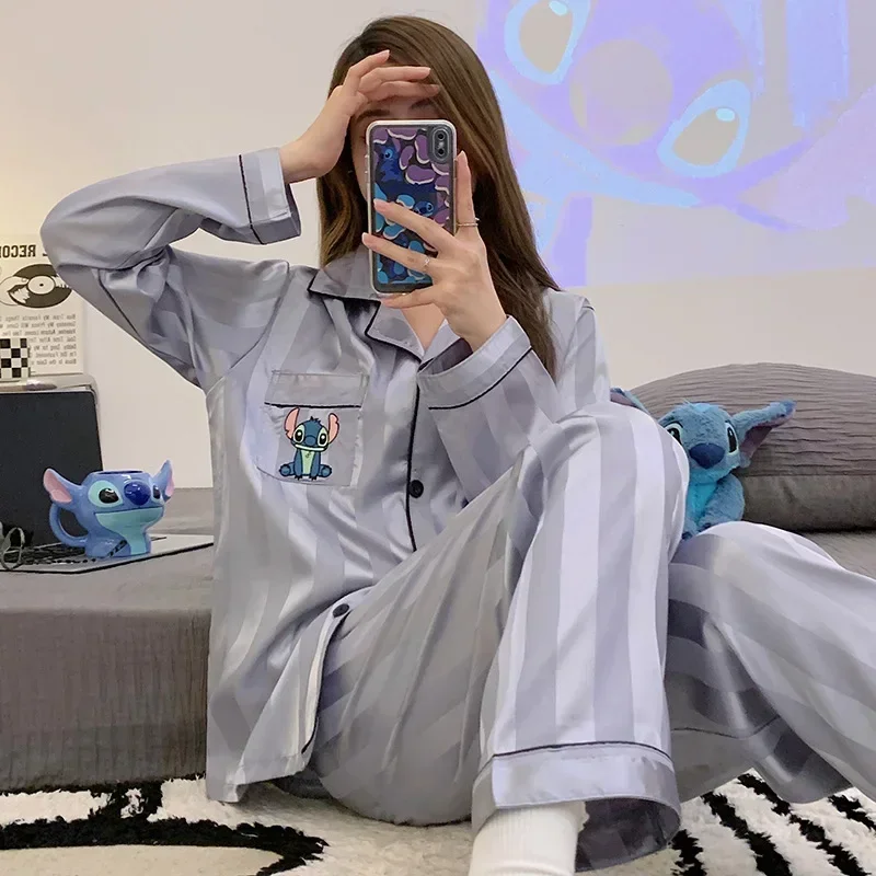 

Disney Stitch silk pajamas autumn new ice silk long-sleeved trousers two-piece set women's pajamas casual loungewear set