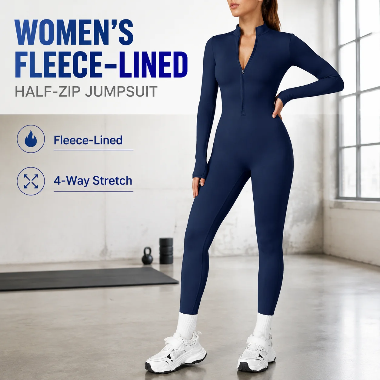Women's Fleece-Lined Half-Zip Long Sleeve Jumpsuit - Sculpting Butt Lifting Winter Yoga Bodysuit, Multiple Colors, S-XL