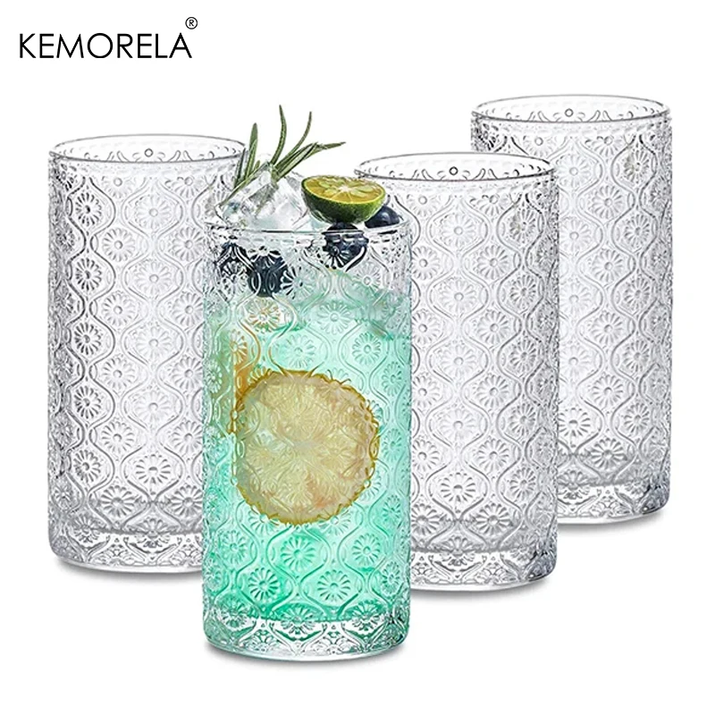 4PCS 350ML Retro Begonia Flower Glass Cups Transparent Drinking Iced Americano Fruit Bubble Juice Whiskey Cocktail Beer Glass