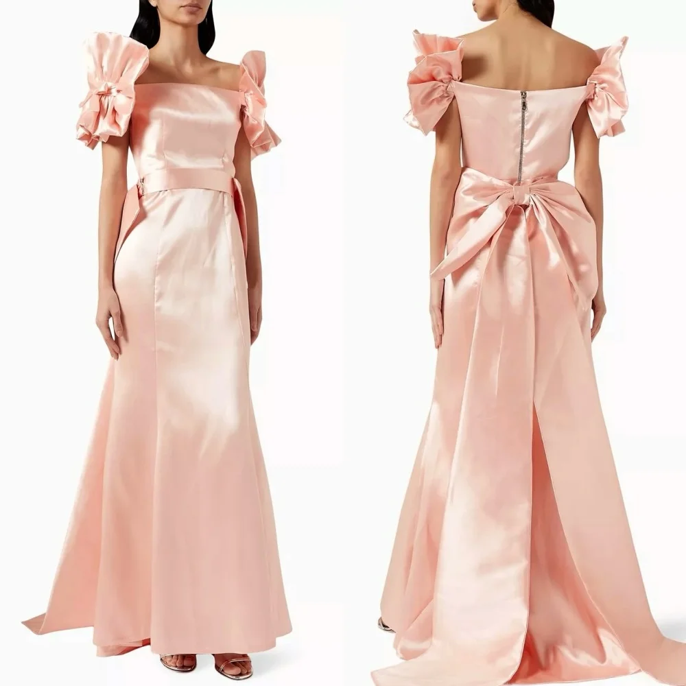 Vestidos largos clásicos personalizados con lazo de Charmeuse, drapeados, plisados, con flores, corte en A, hombros descubiertos, vestidos para ocasiones a medida, sencillos