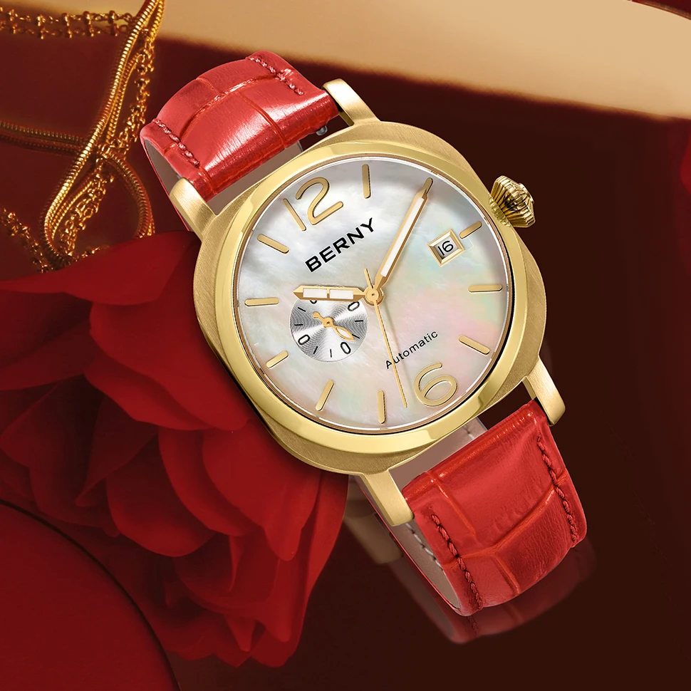BERNY Ladies Mechanical Wristwatch Sapphire Genuine Leather MIYOTA 8217 Automatic Luxury Women Watch Luminous 5ATM Waterproof