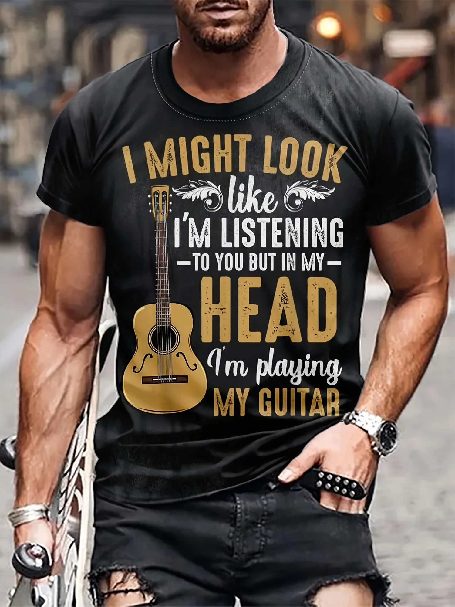 Men's Guitar Print T-shirt, Casual Short Sleeve Crew Neck Tee, Men's Clothing For Outdoor