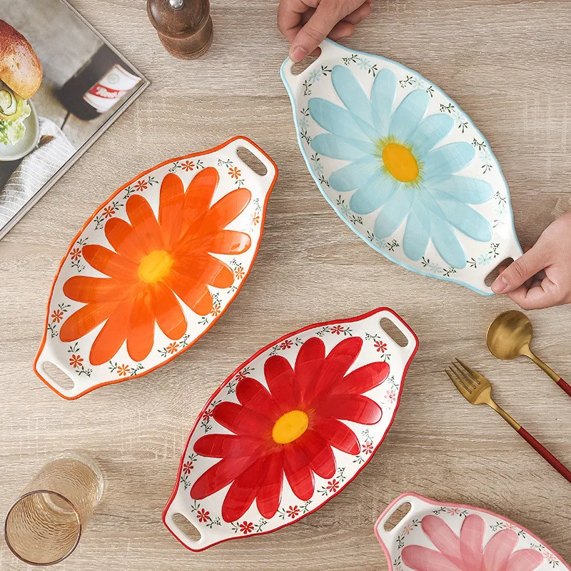 Ceramic Plate Painted Flower Plate With Two Handel, Grilled Fish Platter, Ovens Available, Fruit Tray,  12inch