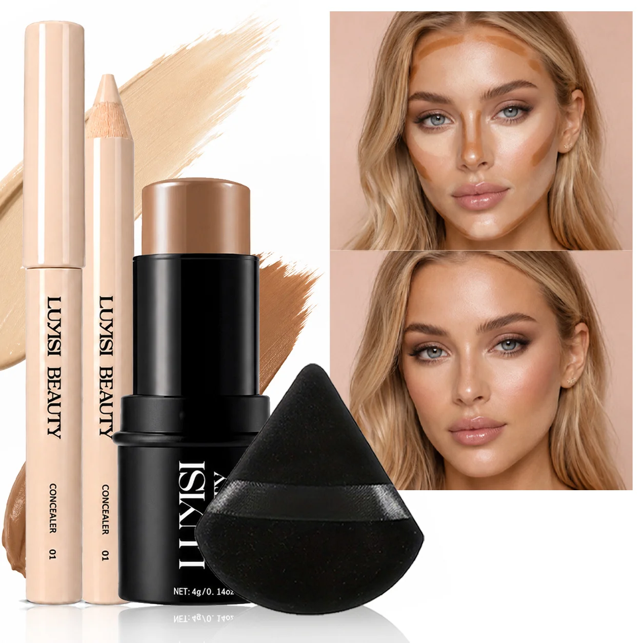 3pcs/Set Face Makeup:1pc Concealer+1pc Contour+1pc Blending Puff,Waterproof,Velvet Matte,All-Day Wear - Buildable Coverage.
