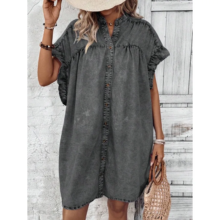 

【New style】Women's Casual Notched Collar Ruffle Hem Denim Dress, Summer