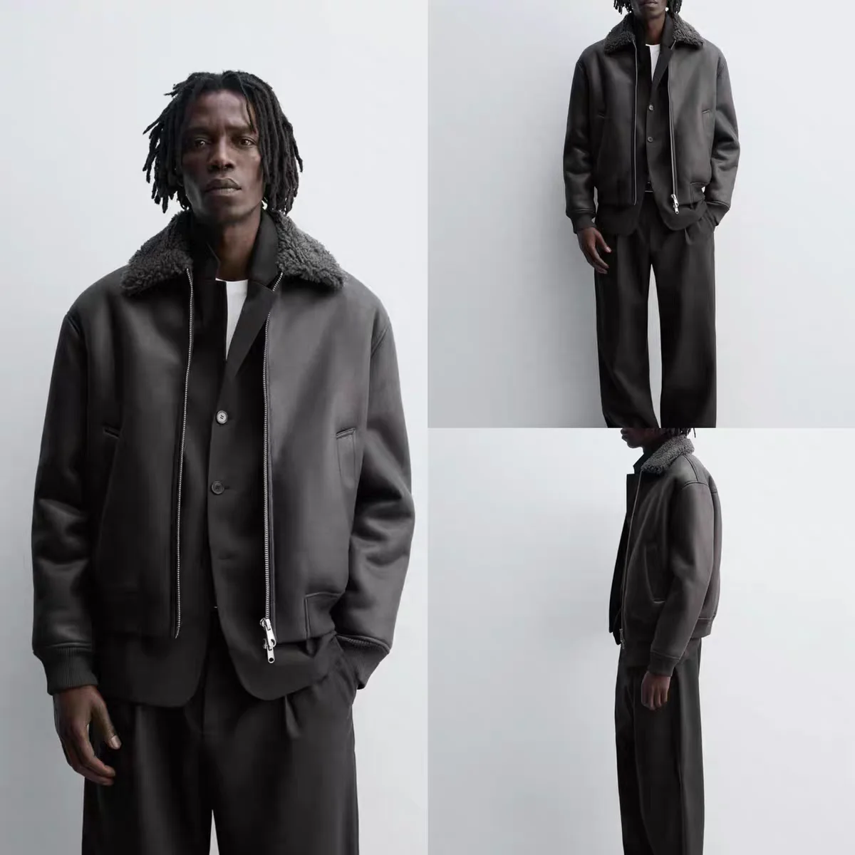 

New 2025 Winter Men's Double-Sided Leather Effect Loose Fit Jacket Coat PU Leather Long Sleeve Zipper Closure Color