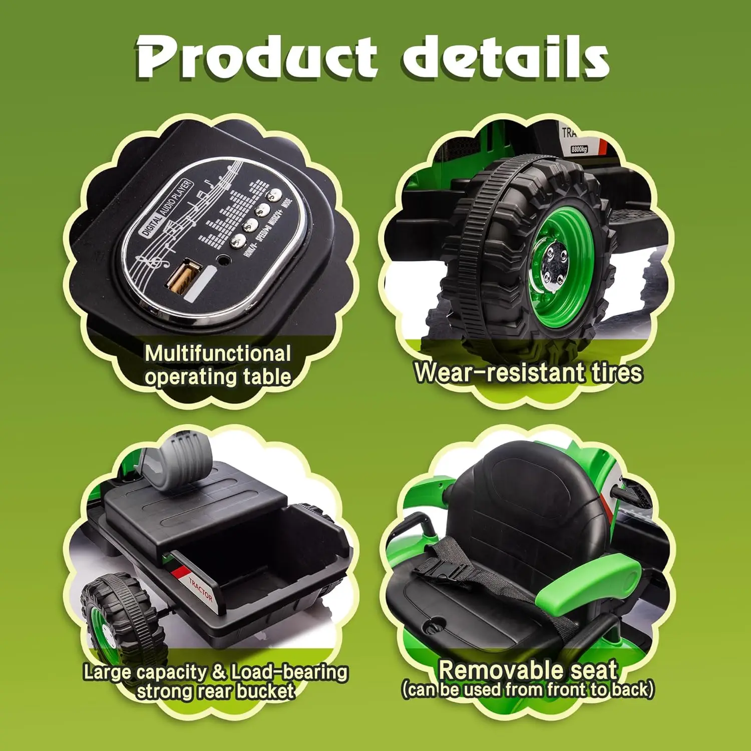 Elektryczny traktor dla dzieci 24V 4-w-1 z akcesoriami budowlanymi, pilotem, muzyką i oświetleniem LED