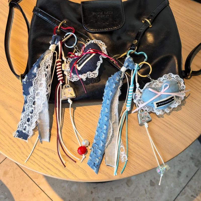 Lace Denim Heart-shaped Couple Keychain Bags Accessories Pendants Woven Lanyards Bag Hangers Sweet Style Pendant Fashion Chain