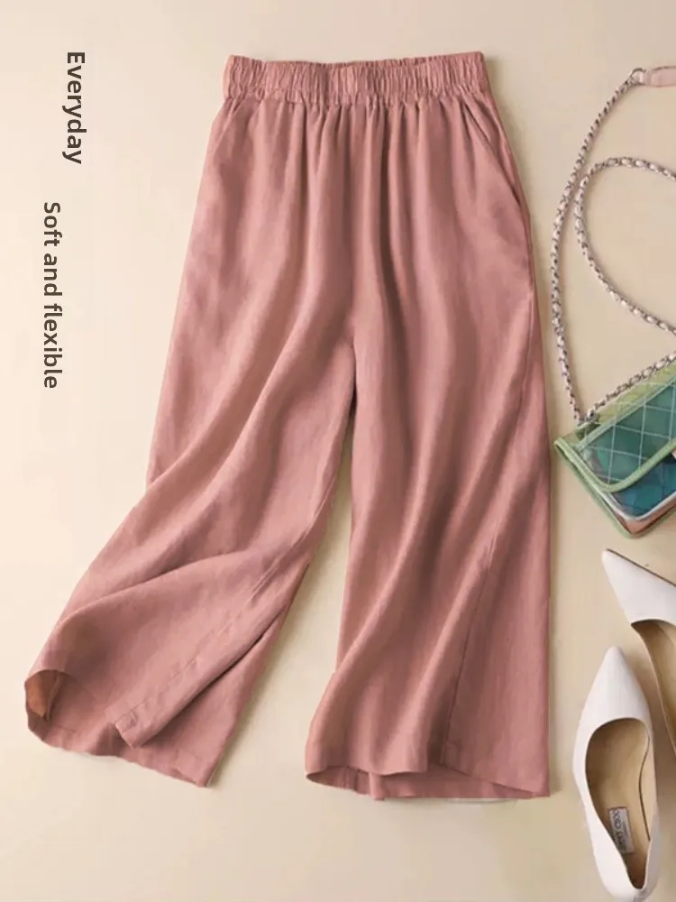 

Летние хлопковые льняные брюки женские, однотонные, универсальные, повседневные, с эластичным поясом, утягивающие, тонкие, из хлопка и льна, длиной 7/8