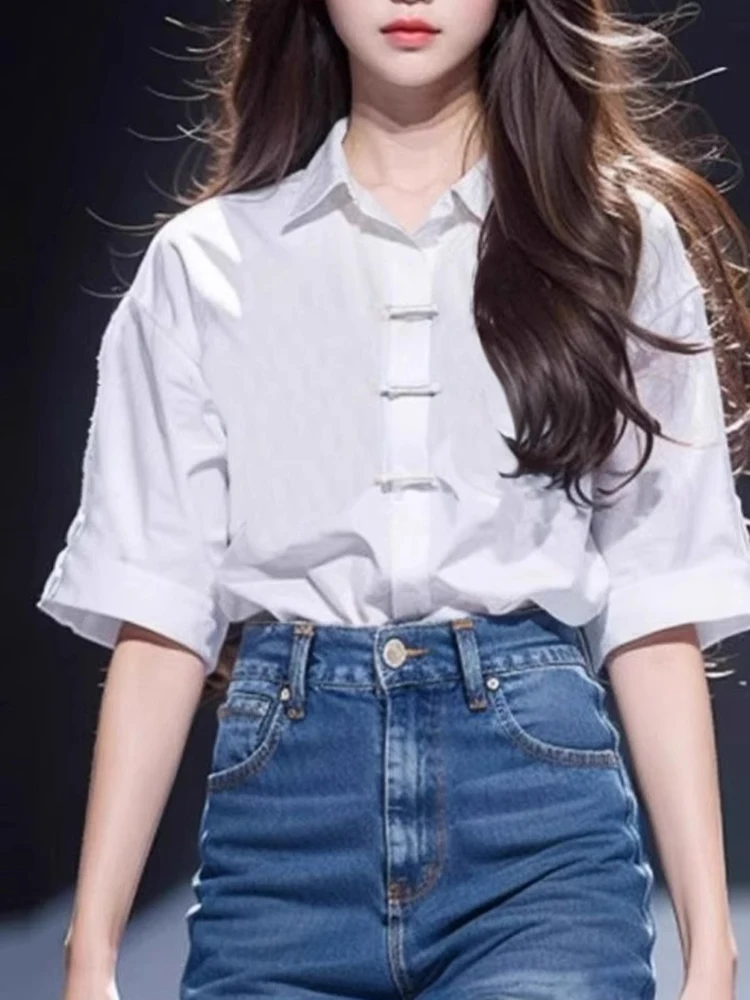 Neue chinesische Sle Kragen weiß IRT Damen Sommer lose ort Sve einzigartige Button-up Top koreanische Faion lose Passform