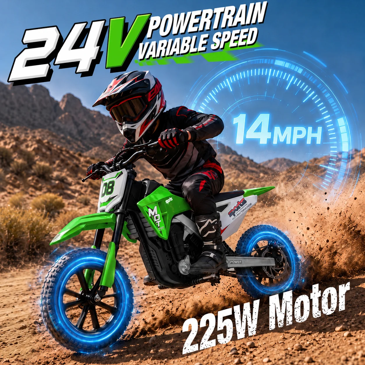 24V Kids Electric Dirt Bike, Powerful Motor 14MPH Ride‑on Motorcycle for Kids, 3‑Speed Adjustable with Disc Brake & Shock Absorption, Bluetooth Playback Gift for Boys Girls