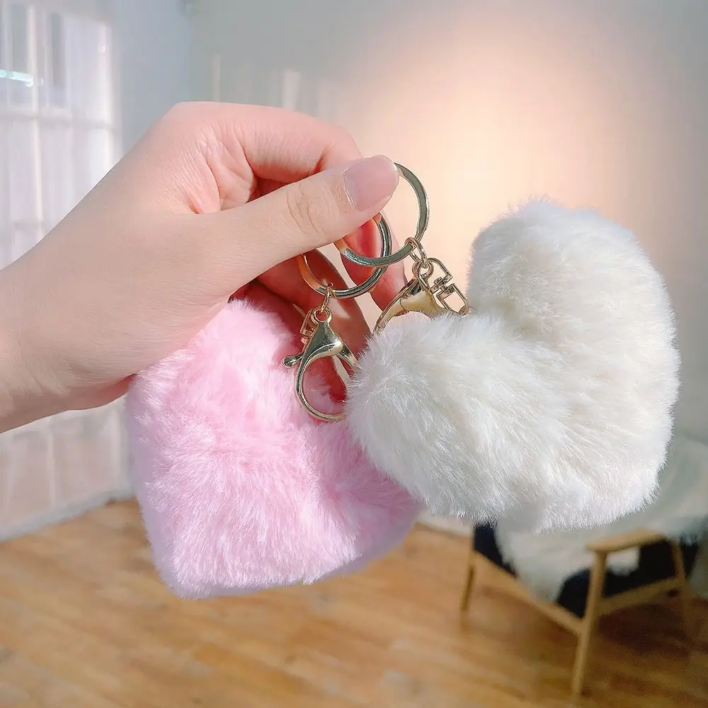 Cute Love Heart Plush Bag Pendant Fluffy Ball Solid Color Key Chain Bag Accessories Imitation Rabbit Fur Car Key Ring